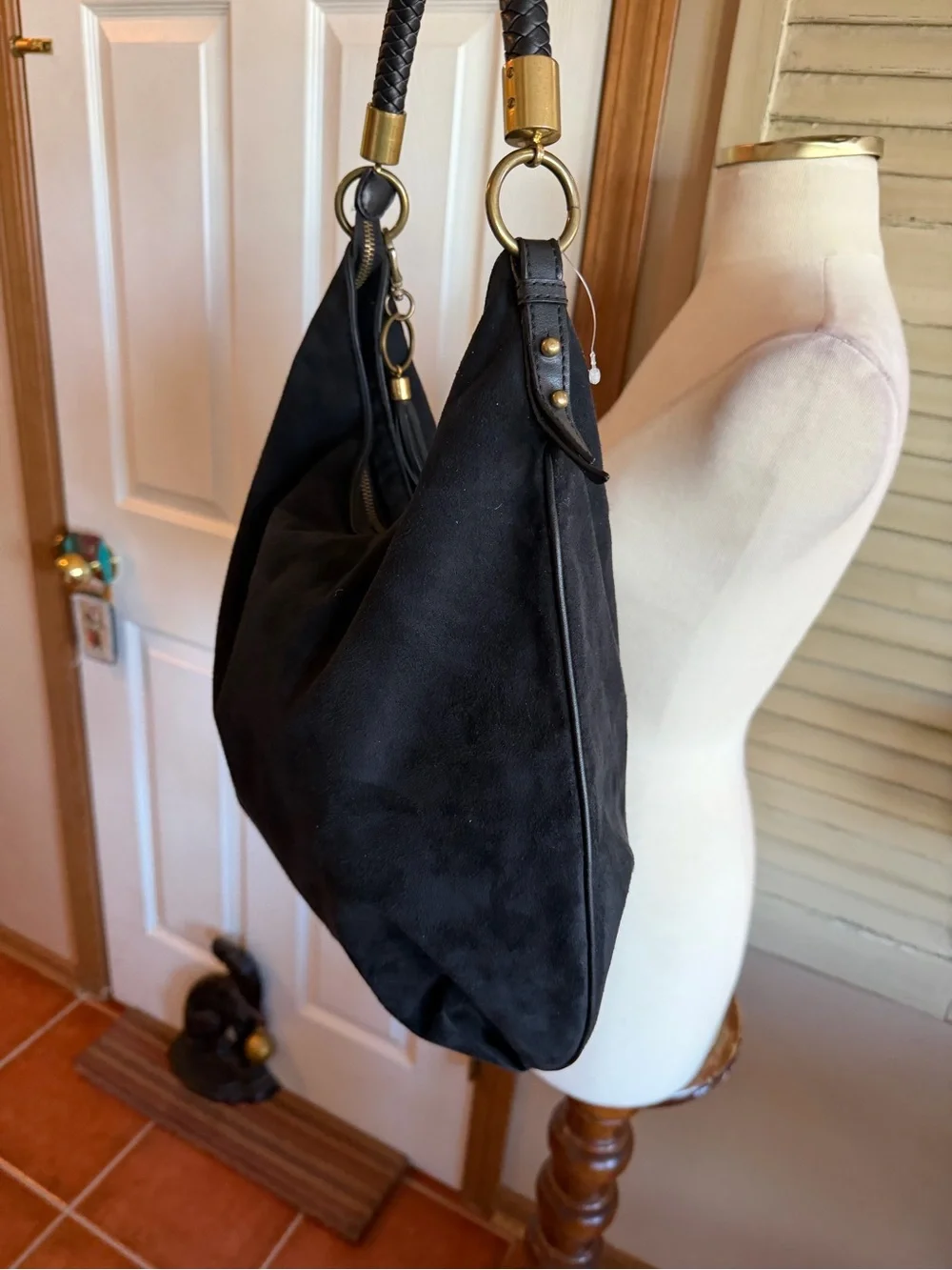 NINE WEST Black Suede Hobo Handbag with Tassel Accent ALL MAN MADE MATERIALS